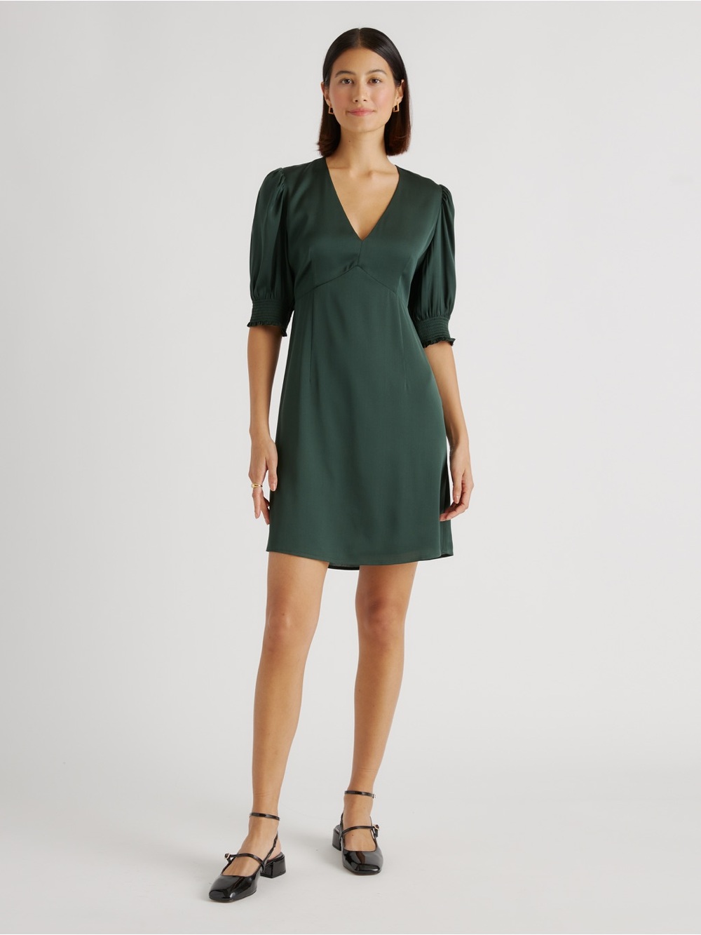 Quince Washable Stretch Silk Puff Sleeve Mini Dress in Forest Green - S